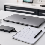 MacBook, charger and backup drive prepared for delivery to a repair centre