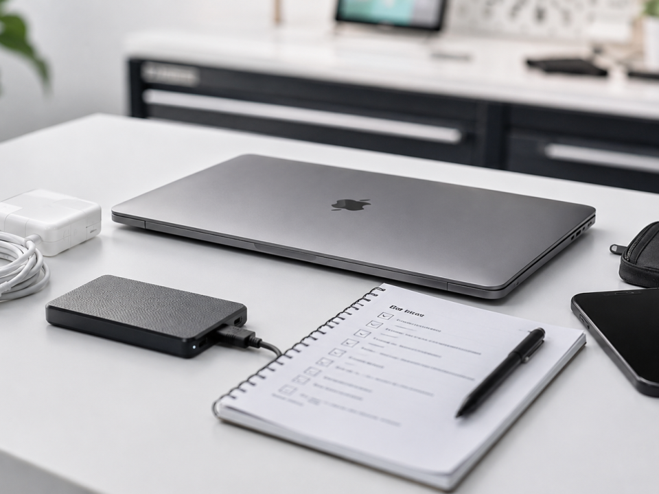 MacBook, charger and backup drive prepared for delivery to a repair centre