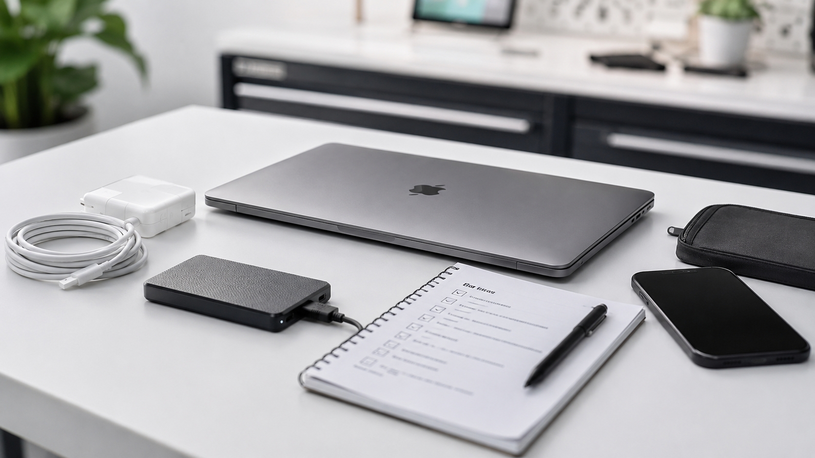 MacBook, charger and backup drive prepared for delivery to a repair centre