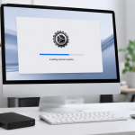 Mac desktop displaying a software update screen beside an external backup drive