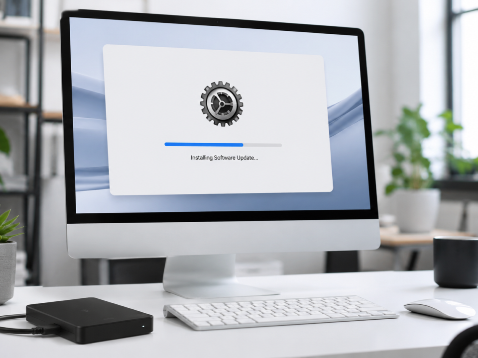 Mac desktop displaying a software update screen beside an external backup drive