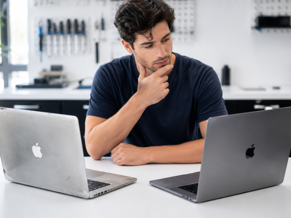Older MacBook and modern laptop being compared by a repair technician