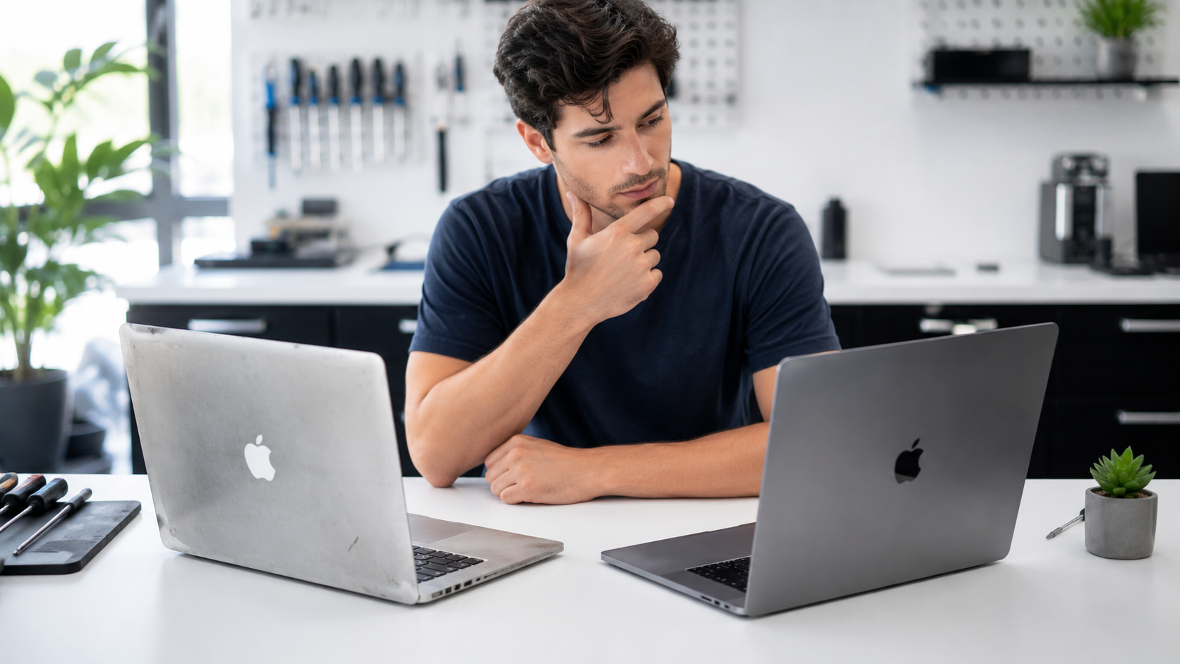 Older MacBook and modern laptop being compared by a repair technician