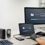 Technician performing Mac data recovery and transferring files to a replacement Mac