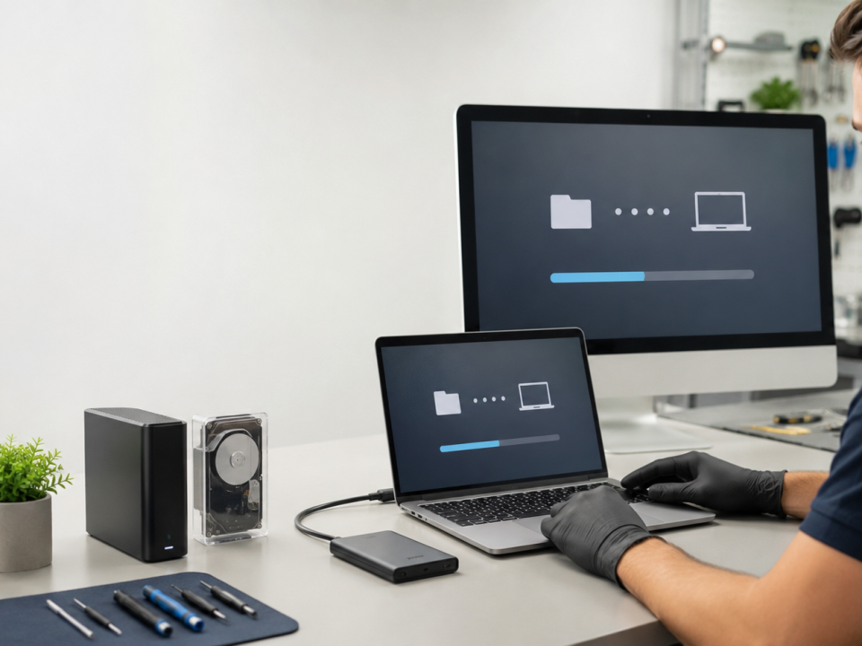 Technician performing Mac data recovery and transferring files to a replacement Mac