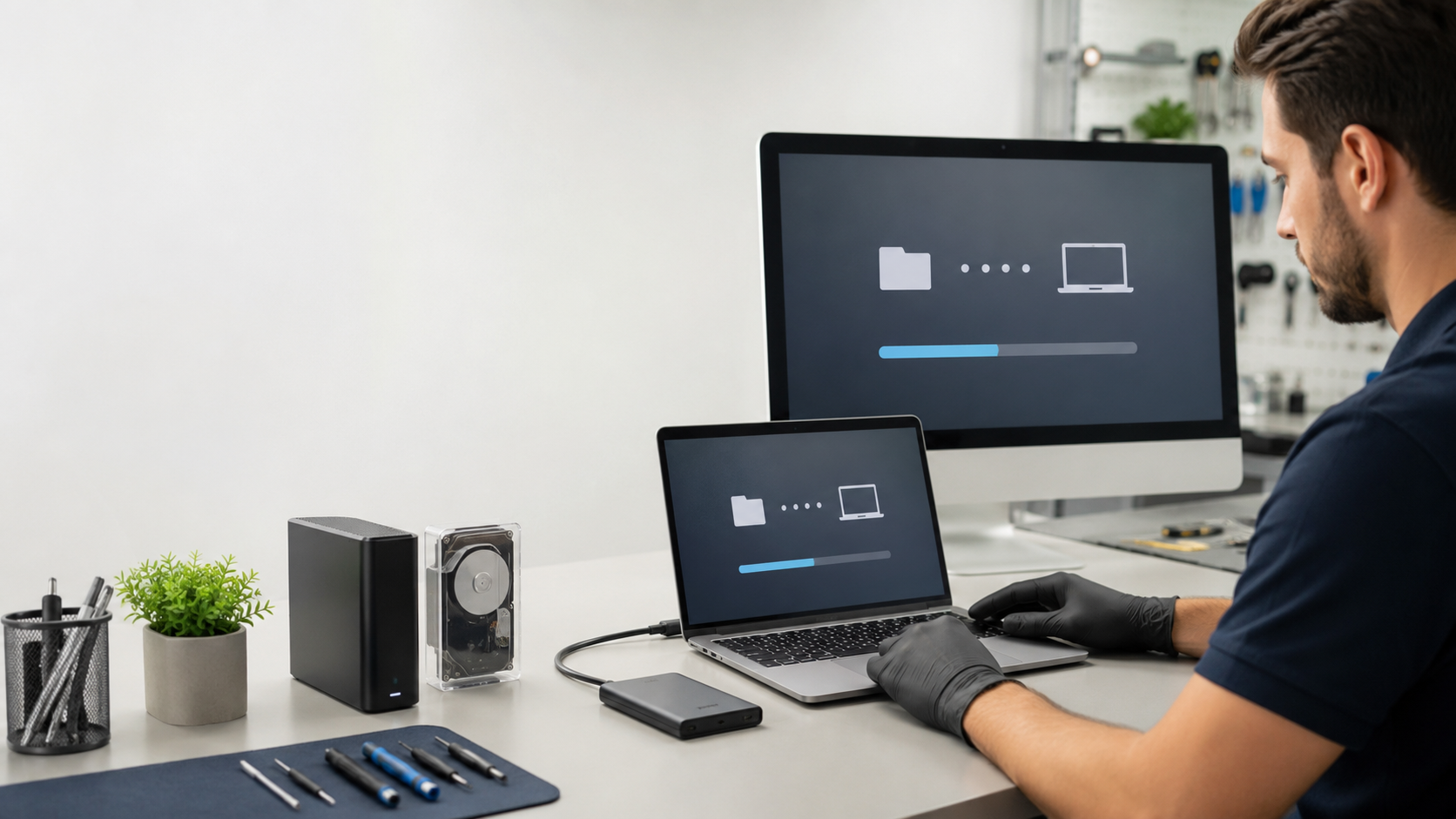 Technician performing Mac data recovery and transferring files to a replacement Mac
